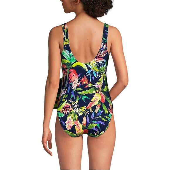 Land's End One Piece Swimsuit soft side tie wrap navy prism pink multi palm Var - Picture 2 of 7
